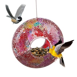 DUSVALLY Bird Feeder, Round Squirrel-Proof Wild Bird Feeder, Hanging Circle Mosaic Glass Bird Feeder for Outdoor Gardens and Yards Decoration, 9 Inch Circle Red