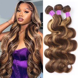 FB 30 Brown Highlight Body Wave Bundles Ombre Colored Human Hair Bundles 1 3 4 Bundles Piano Color Remy Human Hair Weave - Color: P4 27, Size: 22 22 22