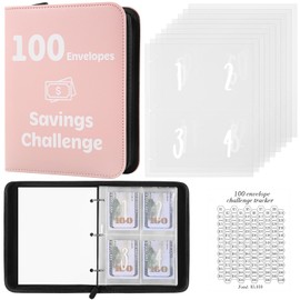 100 Envelopes Money Saving Challenge Binder with Laminated Tracker, Money Saving Challenge Budget Binder with Cash Envelopes, Savings Challenge Book with Zipper to Save $5,050 (Pink)