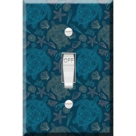 Toggle Wallplate, Single Light Switch Cover Plate - Various shell, algae, starfish, tortoise, coral, on dark blue background
