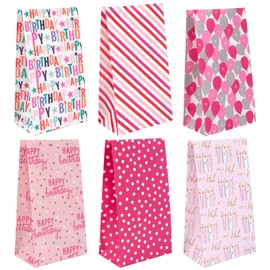 LeZakaa 24 Pack Treat Bags Gift Bags Food Bags Cand Bags Party Favor Bags with Greaseproof Paper Inner - Birthday Themed Pattern in Pink Color, 9.4x5x3 inches