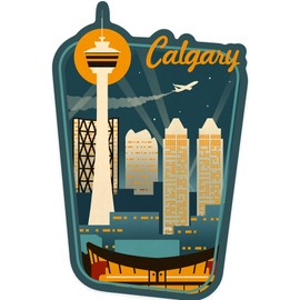 Die Cut Sticker Calgary, Alberta, Canada, Retro Skyline, Contour Vinyl Sticker 3 to 6 inches, (Waterproof Decal for Cars, Water Bottles, Laptops, Coolers), Large