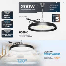 JYSXSHOW 8Pack 200W UFO LED High Bay Light,30000lm 6000K Daylight 2000W Equivalent with 59inch US Plug Cable Garage Lights Commercial Warehouse Bay Light for Garage Factory Lowbay Area Lighting