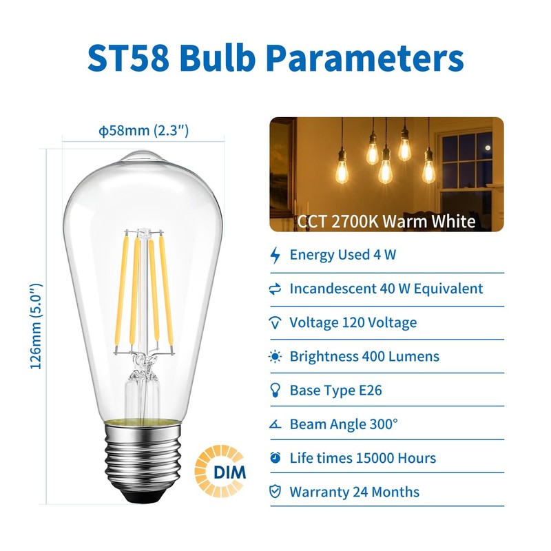 ANWIO Vintage Edison LED Lights ST58/ST19 LED Filament Lights Bulb,