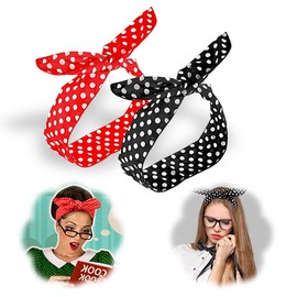 Pack of 2 Polka Round Hair Band Wide Headband Women's Dots Bow Hair Band Rockabilly Headband Vintage Hair Accessories Wire Hair Bands Women Hair Scarf Girls 50s 90s Decoration Accessories