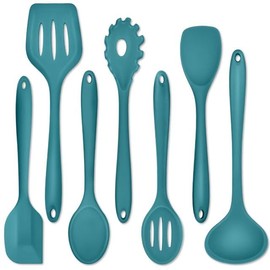 Silicone Blue Kitchen Utensils Set of 7, P&P CHEF Heat-poof Cooking Cook Utensil for Home Kitchen Camping, Smooth Head to Protect Coated Cookwares, Slotted Turner, Soup Ladle, Spatula, Spoon
