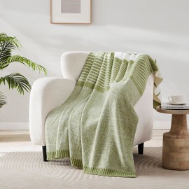 R.SHARE Sage Green Striped Throw Blanket 50x70 Inch Reversible, Feather Knit Moss Green Microfiber Soft Comfy Cozy Lightweight Fluffy Fuzzy Warm Cute for Couch Sofa Chair Bed Home