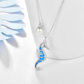 AENEAS Seahorse Necklace Sterling Siver Seahorse Ocean Pendant Jewellery Single Pearl Necklace Seahorse Gifts for Women Girls, Sterling Silver, Opal Pearl