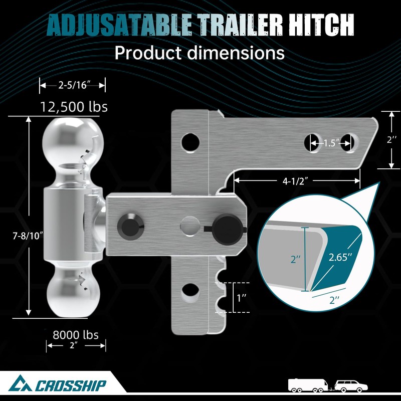 CROSSHIP Adjustable Trailer Hitch - Heavy Duty Aluminum Drop Drawbar