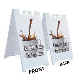A-Frame Sidewalk Coffee Time is Anytime 24" x 36" Double Sided A-Frame Sidewalk Sign, Includes 2 Plastic Inserts | Foldable Portable White Signicade Sandwich Board Signs