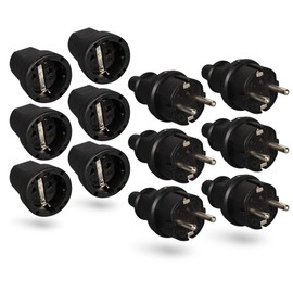 HEITECH Rubber Protective Contact Plug & Coupling - Pack of 6 Protective Contact Set with Kink Protection, Black, 250 V, 16 A, IP20 for Indoor Use - Solid Rubber Schuko Plug & Coupling