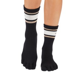 toesox Women's Grip Crew Socks - Non Slip Crew Full Toe for Yoga & Ballet, Oat Stripe Medium