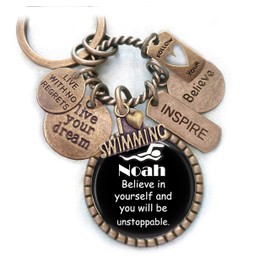 Swimming, Believe In Yourself with Custom Name Keychain, Backpack Clip or Necklace, Live Your Dream, Live With No Regrets, Follow Your Heart, Swimmer Gift, Boys, Girls, Teens