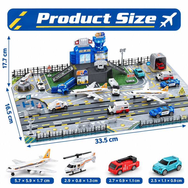 Airplane Toy Set with Helicopter, Trucks & Airport Playmat –