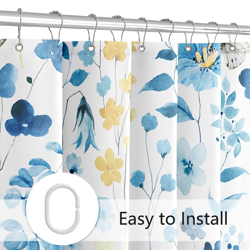 MAYZUS Blue Yellow Floral Shower Curtain 60x72, Cute Flower Fabric