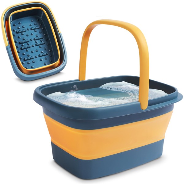 Collapsible Foot Bath – Advanced Foot Soaking Tub with Portable Design and Handle – Foldable Pedicure Foot Spa Bowl – Compact and Lightweight Foot Soak with Acupressure Points, Blue and Orange