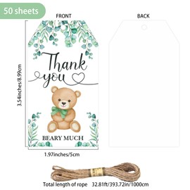 50Pcs Bear Thank You Tags, Green Gift Tags with String for Baby Shower, Thank You Beary Much Gift Tags for Celebrating Wedding Birthday Baby Shower Bridal Shower Party Favors