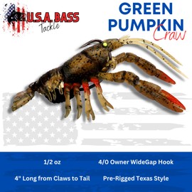 U.S.A. Bass Tackle - 4D Cluster Bomb Craw - Bass-Tech Plastic - Pre-Rigged Crawfish Soft Fishing Lures, Premium Ultra Durable baits for Freshwater, Fishing Jigs for Bass (3/8oz, HD Green Pumpkin)
