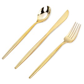 MirthMood 36 PCS Gold Plastic Silverware,Gold Silverware Disposable,Disposable Utensils Heavy Duty,Plastic Cutlery Set,Includes:12 Knives, Forks and Spoons for Party, Birthday,Wedding