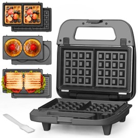 Baker’s Friend 3 in 1 Mini Waffle Maker with Removable Plates, Dual Waffle & Pancake and Grill Plates, Breakfast Sandwich Maker Press, Dishwasher Safe, Non-stick Coating, Graphite