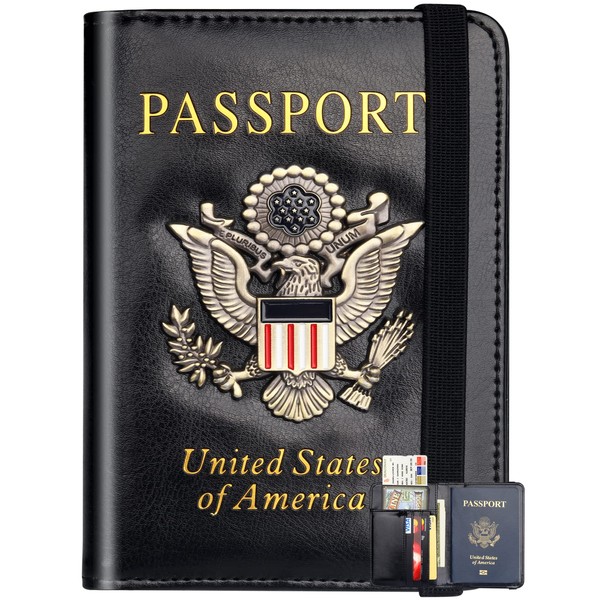 Passport Holder Wallet Cover Case for Men Women Family, Metal US Badge Passport Book Holers with RFID Blocking, Travel Essentials Cruise Must Haves