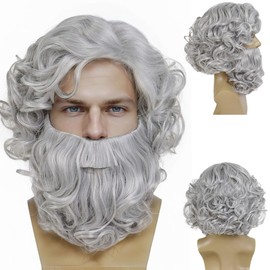 GNIMEGIL Wizard Beard and Wig Sets Short Gray Old Man Curly Wig Costume Accessories Zeus Cosplay Suit Grey for Men Women Carnival Christmas Party