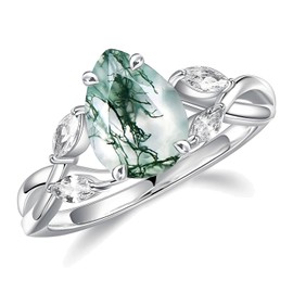 Wasee Natural Moss Agate Ring 925 Sterling Silver Pear Green Moss Agate Engagement Ring Leaf Wedding Promise Ring Jewelry for Women,Ring Size 6