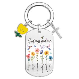 Bozidol Christian Gifts for Women Teen Girl, God Says You Are Flower Dog Tag and Cross Keychain, Religious Inspirational Keychains for Easter Mothers Day Birthday Graduation Faith Based Gifts