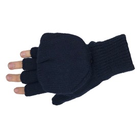 Adult Fingerless Knit Mitten Gloves, Glove-Mitt with Mitten Cover, Thermal Insulated (Navy)