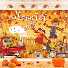 Happy Fall Y'all Banner Backdrop Autumn Harvest Pumpkin Maple Leaf Scarecrow Photography Background Fall Holiday Thanksgiving Party Decorations Supplies Home Outdoor Yard Decor 6x4FT