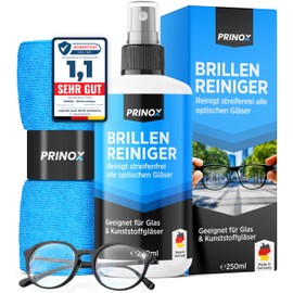 Prinox PRINOX® Brillenreiniger Set 250ml mit Mikrofaser Brillenputztuch - Brillen Reiniger mit Mikrofaser Tuch für alle Brillen gegen Fettflecken und Fingerabdrücke auf der Brille