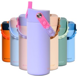Elemental Insulated Kids Water Bottle, Stainless Steel Water Bottle with Straw Lid & Stress Reliever Pop-It Handle, Leak-Proof Water Bottles for School, Travelling and Sports, 18oz - Lilac Tie Dye