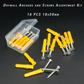 16 Pcs 10x50mm Drywall Anchor Kit, INCONTESTA Concrete Wall Anchors and Screws with Super Yellow Anchor and Pan Head Screws Kits