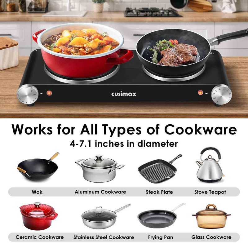 Cusimax Hot Plate for Cooking 1800W Portable Electric Double Burner