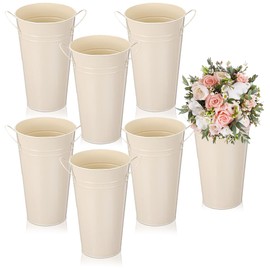 Voittozege 6 Pcs Galvanized Metal Vases with Handle Flower Metal Planter Galvanized Buckets Bulk Farmhouse French Flowers Bucket for Home Decor Wedding Table Centerpiece Decorations (Beige, 9.8 Inch)