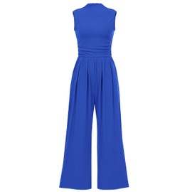 PRETTYGARDEN Womens Summer Jumpsuits Dressy Casual One Piece Outfits Sleeveless Mock Neck Wide Leg Pants Rompers with Pockets (Blue,XX-Large)