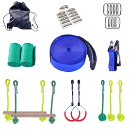 Slackline Kit for Kids and Adults, Obstacle Course for Kids Backyard, 40 ft Balance Rope with 7 Adjustable Obstacles - Outdoor Slackline Kit Playset Equipment for Girls & Boys with Carry Bag (Blue)