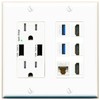 RiteAV 3 Port HDMI 2 Port USB 3.0 1 CAT6-RJ45 Wall Plate - USB Outlet [White]