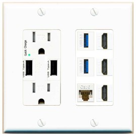 RiteAV 3 Port HDMI 2 Port USB 3.0 1 CAT6-RJ45 Wall Plate - USB Outlet [White]