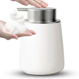 AZMOYAC Foaming Soap Dispenser - 12 Oz White Ceramic Foam Hand Soap Dispenser for Bathroom, Face Wash Dispenser Bottle with Matte Silver Foaming Pump, Refillable Lotion Dish Dispenser for Kitchen