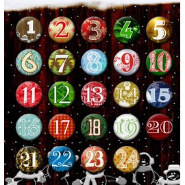 24 Advent Calendar Buttons: Colourful, Numbered Badges (Diameter 32 mm) with Safety Pin for DIY Christmas Calendars and Decorating, Metal Pins / Stickers (32 mm)