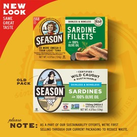 Season Sardines in Olive Oil - Skinless & Boneless, Wild Caught, 22g of Protein, Keto Snacks, More Omega 3's Than Tuna, Kosher, High in Calcium, Canned Sardines - 4.37 Oz Tins, 12-Pack