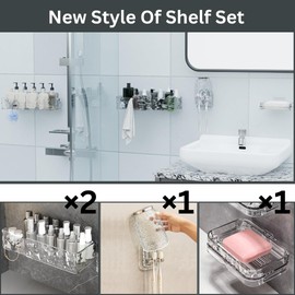 Acrylic Shower Shelves with Soap Dish & Toothbrush Holder, Clear Shower Caddy, Adhesive Bathroom Organizer Wall Mount, No Drill Installation 4 Pack