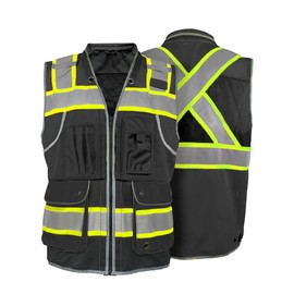 JHPAZUJA High Visibility Safety Work Vest for Men, Surveyor Safety Vest with Pockets, ANSI/ISEA 107-2020 Class 2（Black,XL