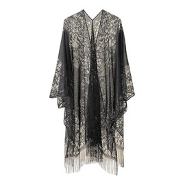 Milumia Women's Floral Lace Shawl Warps Fringe Open Front Shrug Pashmina Shawl Evening Dresses Scarfs Black One-Size