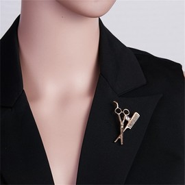 coadipress Crystal Comb Scissors Brooch Pin for Women Men Unique Gold Silver Barber Tools Salon Hairdresser Corsage Collar Pin Gifts Jewelry (Gold)