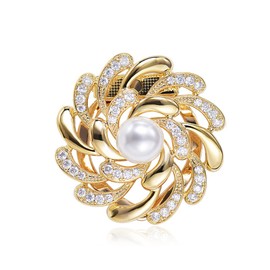Women Crystal Pearl Bow Flower Scarf Buckle Shawl Holder Ring Scarves Cardigan Open Circle Clips Multifunctional Brooch Jewelry (Gold Rotating Flower)