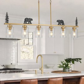 HermnJakk 48-Inch Black and Gold Dining Room Lights with Clear Glass Shade, 6-Light Kitchen Island Lighting, Rustic Chandelier for Dining Room Kitchen Island Lighting,Modern Farmhouse Chandelier