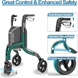 HOMLAND 3 Wheel Walkers for Seniors, Foldable Wheeled Rollator with Cane Hold and Cup Hold, Three Wheel Rolling Walker Height Adjustable for Seniors