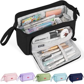 Pencil Case Pouch Large Capacity with Compartments, Pencil Case Pouch Bag with Zipper Handle for Teen Girls Boys Adults Women Men, Portable Pen Bag Stationery Organizer for Office School Travel, Black